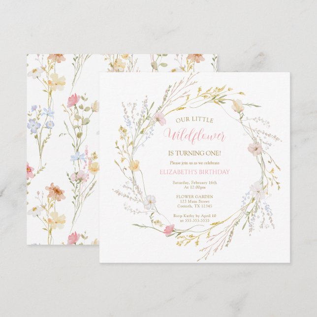 Wildflowers elegant Spring First Birthday (Anverso / Reverso)