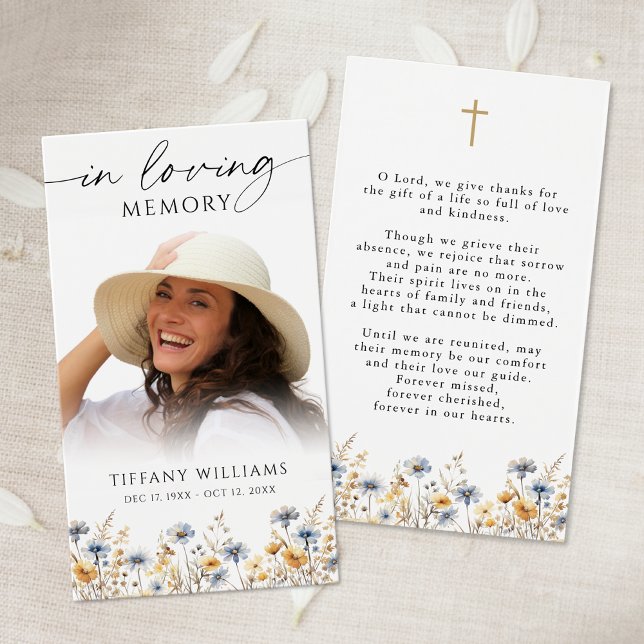 Wildflowers Photo Loving Memory Cross Prayer Card (Subido por el creador)