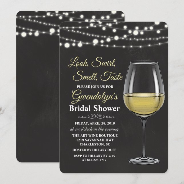 Wine Glass String Lights Bridal Shower Invitación (Anverso / Reverso)