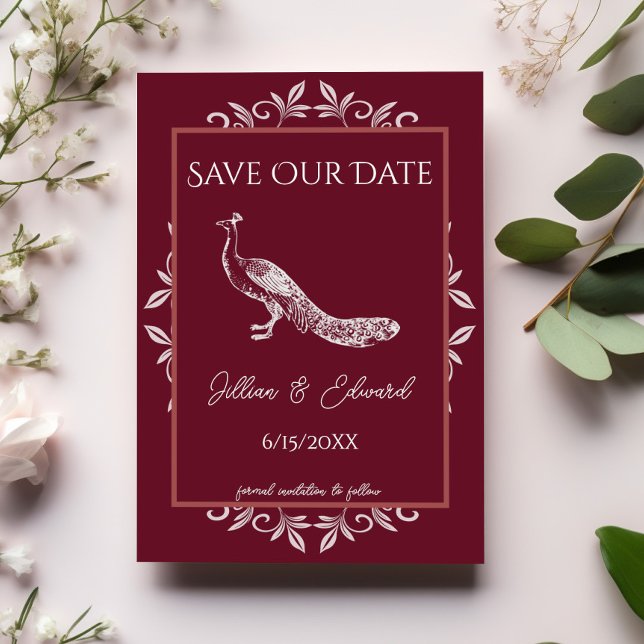 Wine Peacock Florece Salva La Fecha Anuncio (Wine Red Peacock Flourish Save the Date)