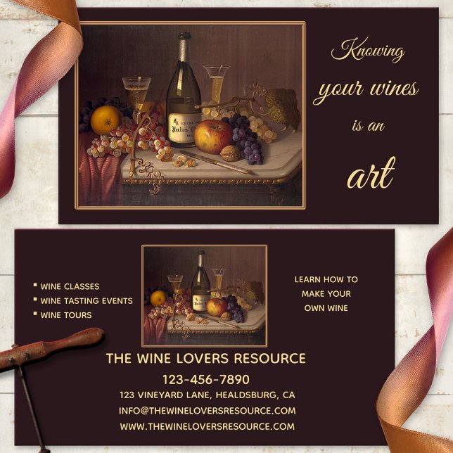 Wine Still Life Clases de arte Eventos Tarjeta de  (Artistic business card featuring a still life painting with wine. Wine tasting, wine tours, winery)
