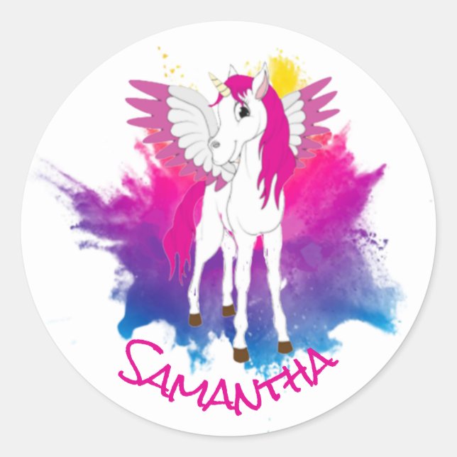 Wing Unicorn Fiesta Pegatina redondo rosa clásico (Anverso)