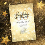 Winter 60th Birthday Program Gold Wonderland Menú<br><div class="desc">Elegante diseño de "Programa de fiesta de cumpleaños" con copos de nieve de invierno y luces en oro con texto personalizado.</div>