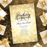 Winter 60th Birthday Program Gold Wonderland Menú<br><div class="desc">Elegante diseño de "Programa de fiesta de cumpleaños" con copos de nieve de invierno y luces en oro con texto personalizado.</div>