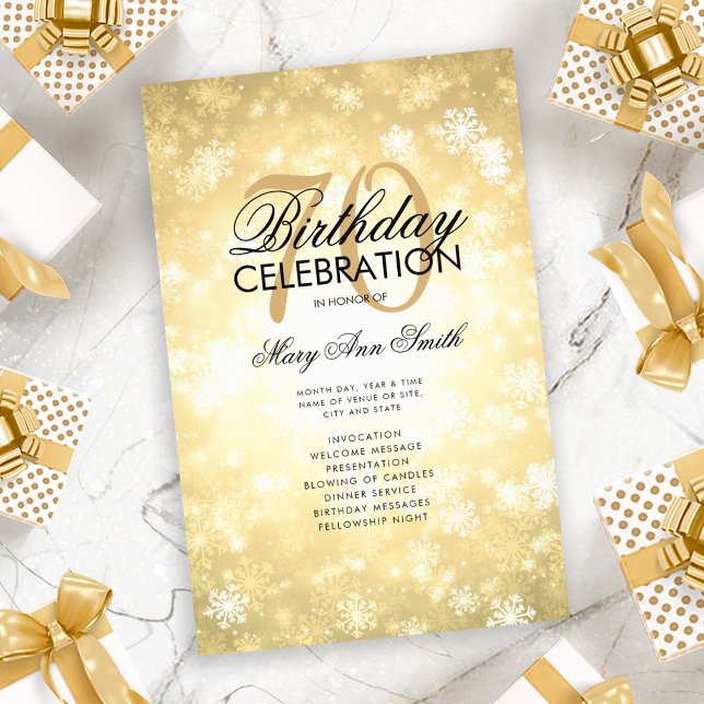 Winter 70th Birthday Program Gold Wonderland Menú (Subido por el creador)
