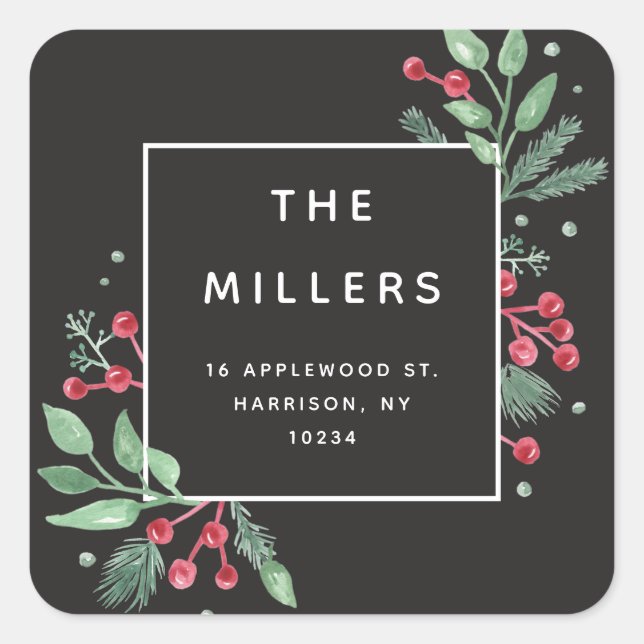 Winter Berries Greenery Return Address Pegatina (Anverso)