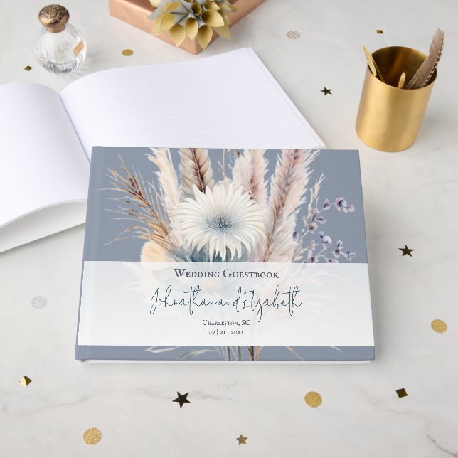 Winter Boho Floral Boda | Libro de invitados azul (Anverso Abierto)