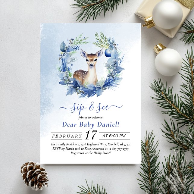 Winter Deer Watercolor Sip y Ver Invitación (Winter Deer Watercolor Sip and See Invitation)