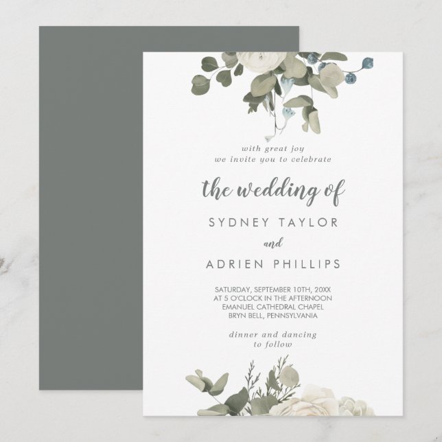 Winter Floral El Boda De La Invitación (Anverso / Reverso)