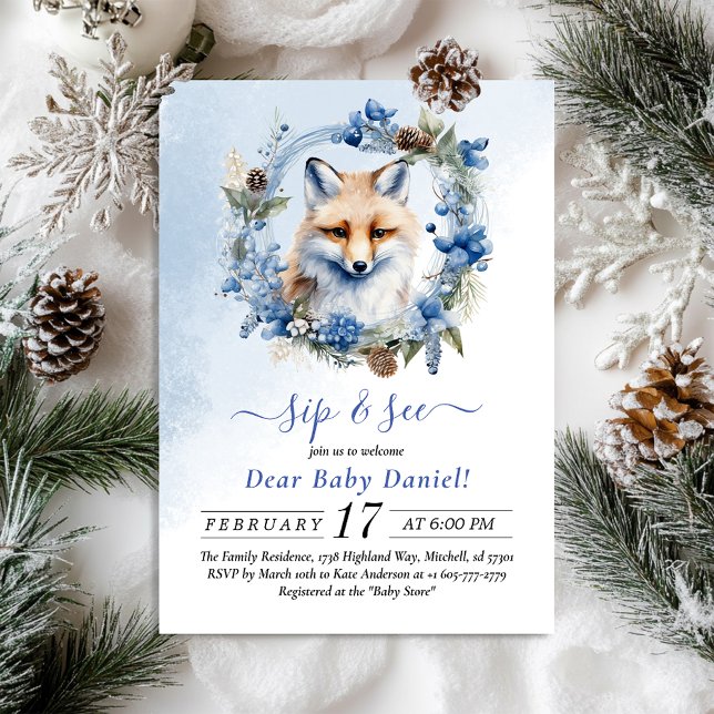 Winter Fox Watercolor Sip y Ver Invitación (Winter Fox Watercolor Sip and See Invitation)