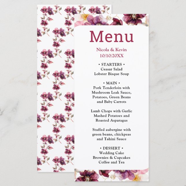 Winter Hellebore Floral Burgundy Wedding Menu (Anverso / Reverso)
