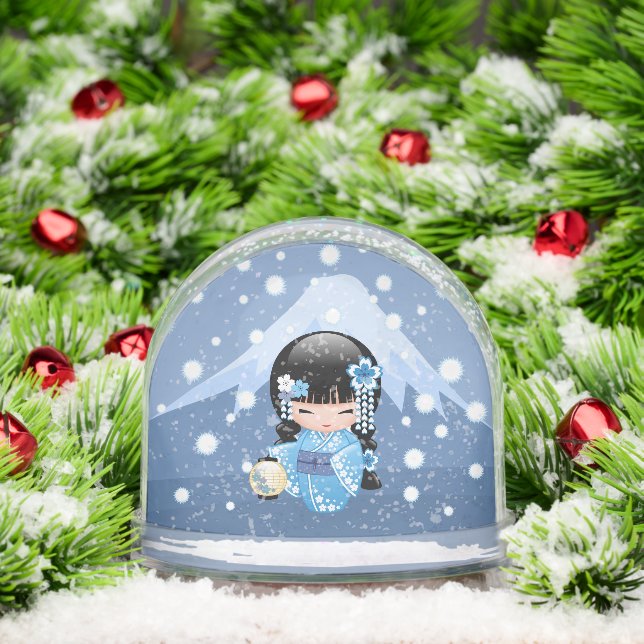Winter Kokeshi Geisha Blue Girl Snow Globe (Navidad)