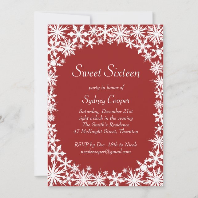 Winter Lace Sweet Dieciséis Invitaciones - rojo (Anverso)
