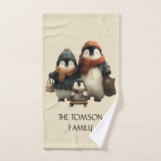 Winter Penguin Family Personalized Design (Toalla de mano)