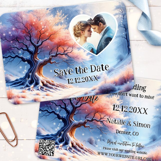 Winter Wonderland Salven la Invitación de fotos de (Winter wonderland photo Save the Date card featuring a painting of a tree with fine snow flakes)
