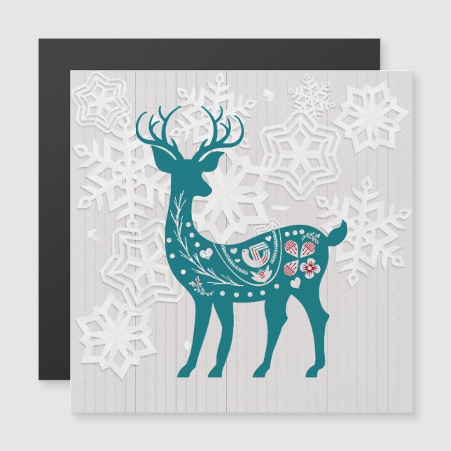 Winter Woodland Elk Deer Snowflake Magnet Card (Anverso/Reverso)