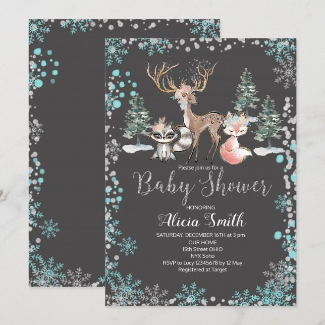 Winter Woodland Forest Baby Shower Invitación Mint (Anverso / Reverso)