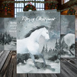 Winter Woodland Forest White Horse Feliz Navidad<br><div class="desc">Una acuarela pintó alegre tarjeta navideña con un caballo blanco contra un cielo de bosque nocturno boreal.</div>