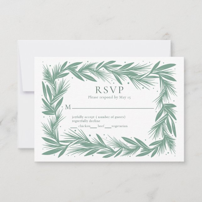 Winter Wreath Modern Wedn Tarjeta RSVP Verde (Anverso)