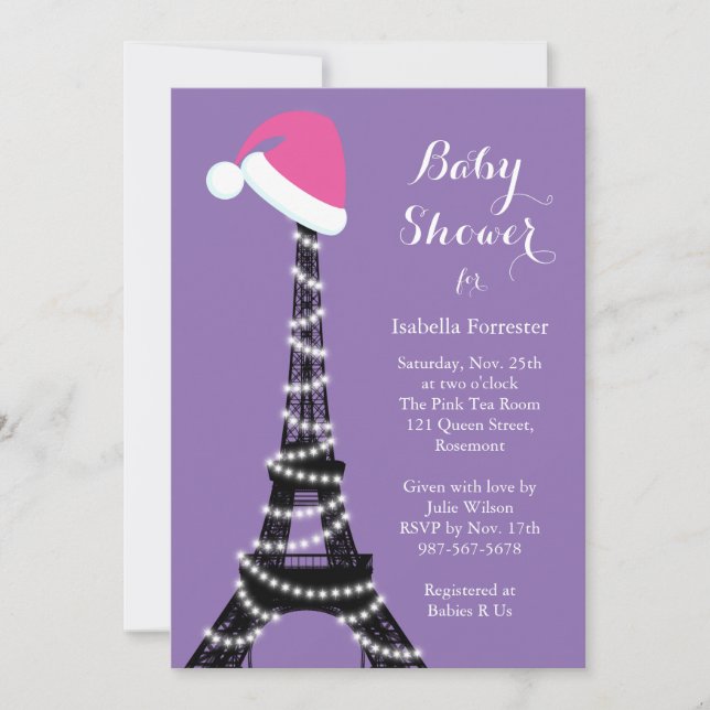 Wintery Eiffel Tower Baby Shower Invitación púrpur (Anverso)
