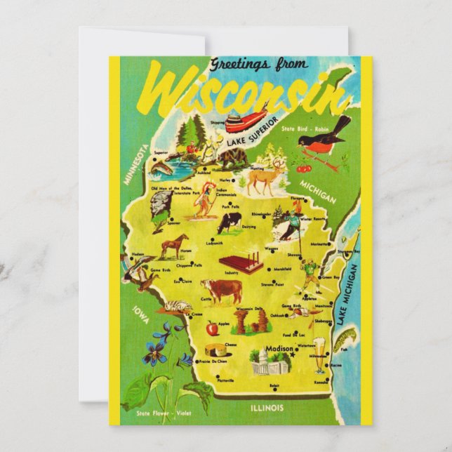 Wisconsin 5x7 Map Vintage Postcard (Anverso)