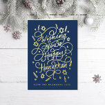 Wishing you a happy hanukkah handlettering<br><div class="desc">Handlettered "wishing you a happy hanukkah" blue and gold foil; background color is editable; photos inside optional</div>