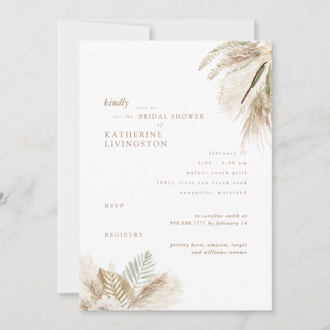 Wispy Boho Pampas Invitación a ducha de novia blan (Anverso)