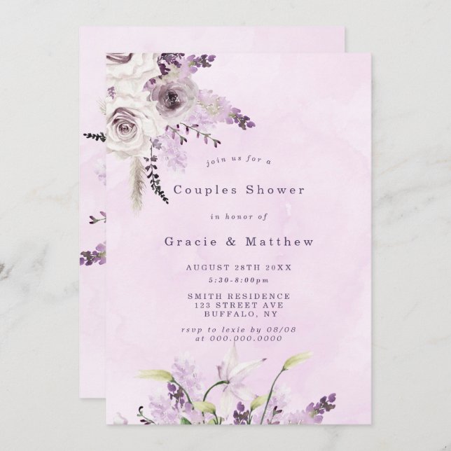 Wisteria Lavender White Rose Parejas Ducha Invitac (Anverso / Reverso)
