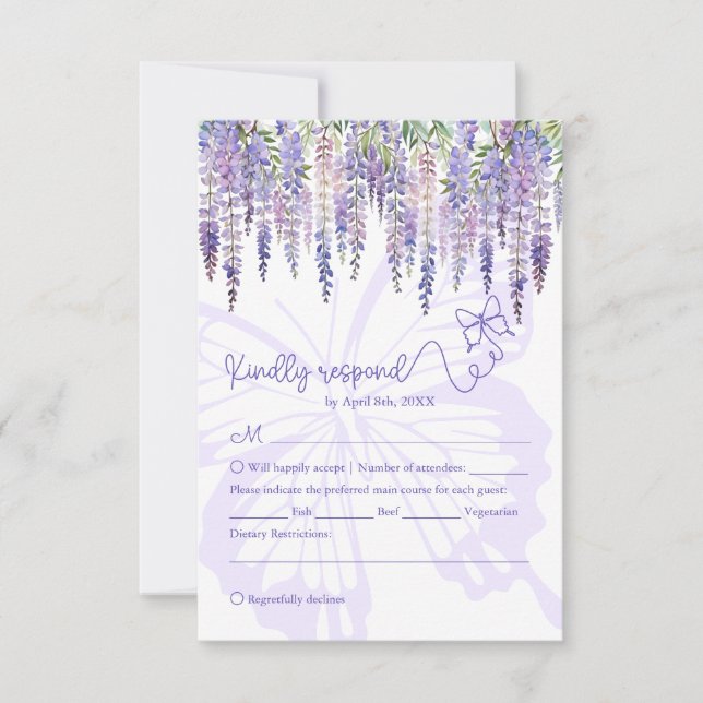 Wisteria romántica y mariposa Boda Jardín RSVP (Anverso)