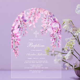 Wisteria Rosa Bautismo Invitaciones acrílicas