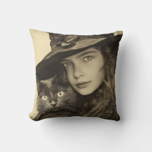 Witch and Cat Vintage Wiccan Cojín decorativo