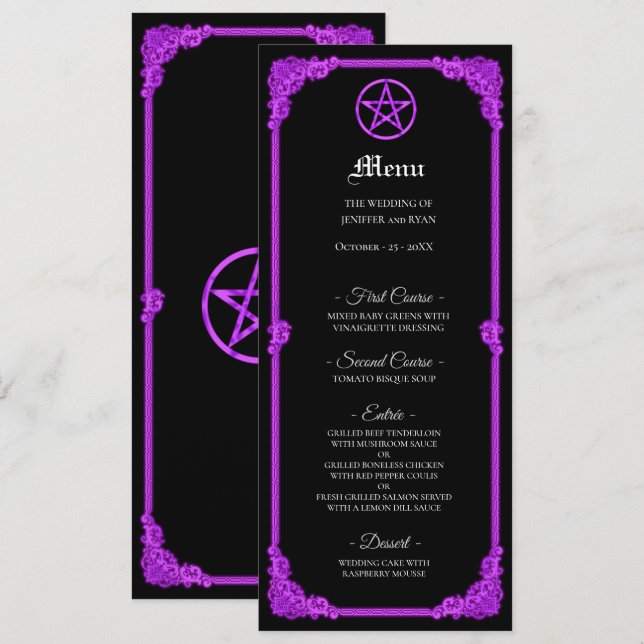 Witchy purple Glow Gothic Wedding Menu (Anverso / Reverso)
