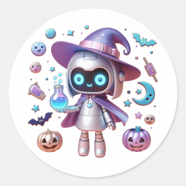Witchy Robot Halloween Pegatina Cute Holográfico (Anverso)