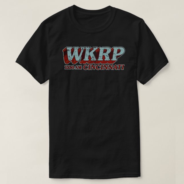 WKRP en una copia de camiseta clásica de Cincinnat (Diseño del anverso)