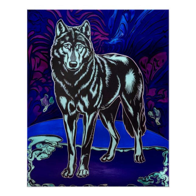 Wolf Design Glossy Art Poster Blue Purple (Anverso)