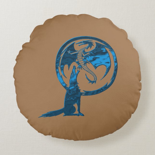 Wolf & Dragon Blue round tan algodón almohada (Anverso)