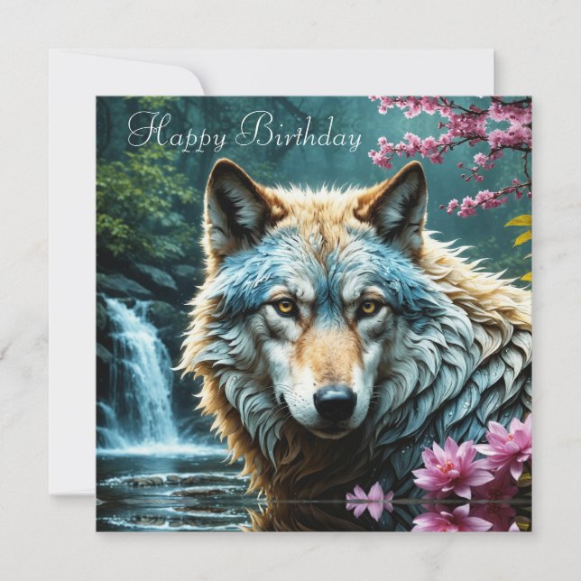 Wolf en pie de río con flores Cumpleaños (Anverso)