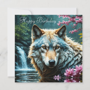 Wolf en pie de río con flores Cumpleaños