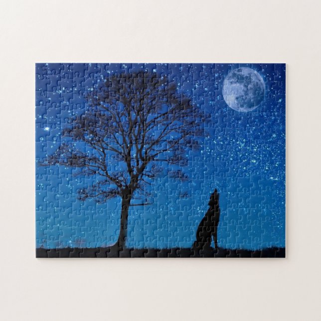 Wolf Howling En El Rompecabezas De La Luna (Horizontal)