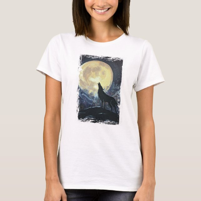Wolf Howling en la camiseta grunge de la luna (Anverso)