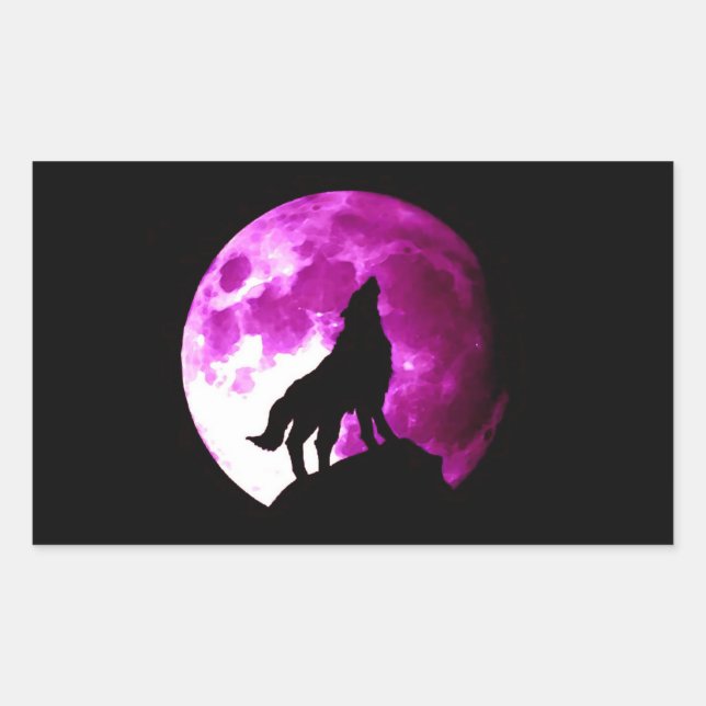 Wolf Howling en Moon Rectangle Pegatina (Anverso)