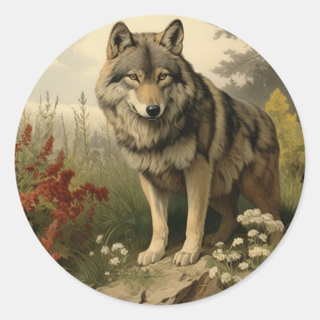 Wolf In Meadow Round Pegatina (Anverso)