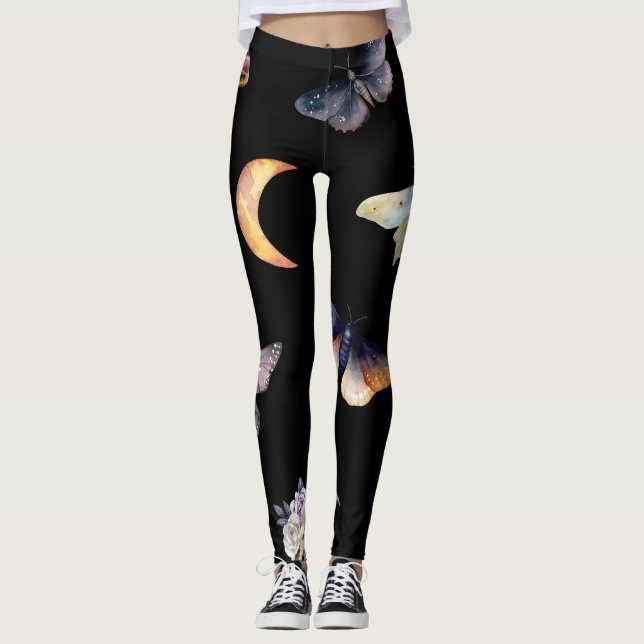 Women's Crystals & Moths Black Fashion Leggings (Anverso)