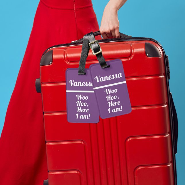 Woo Hoo personalizado | Graciosa etiqueta de equip (modern funny luggage tags in bright and colorful purple for traveller gift in a minimalist design)