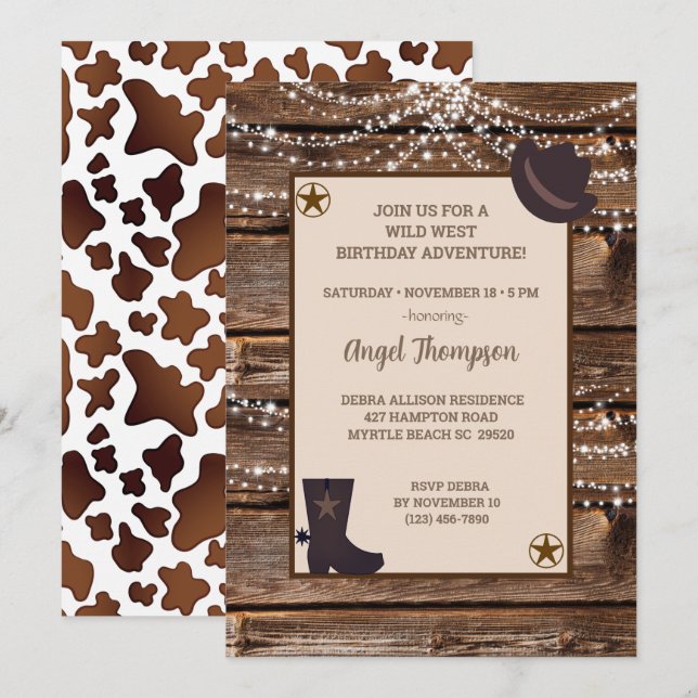 Wood Lights Western Cowgirl Birthday Invitación (Anverso / Reverso)