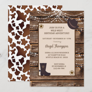Wood Lights Western Cowgirl Birthday Invitación