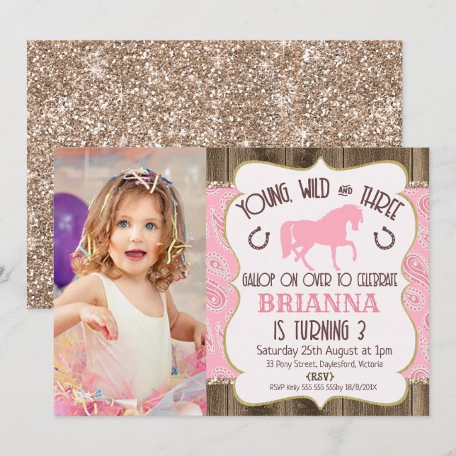 Wood Paisley Purpurina Horse 3 Invitación de cumpl (Anverso / Reverso)