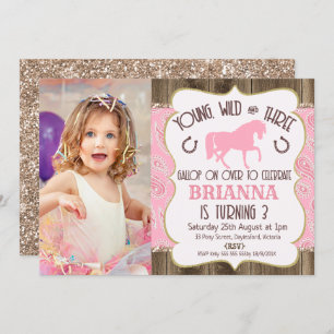 Wood Paisley Purpurina Horse 3 Invitación de cumpl