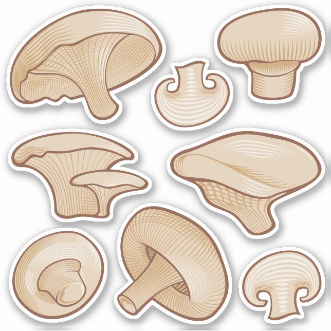 Woodcut Mushrooms Icons Pegatina Set (Anverso)