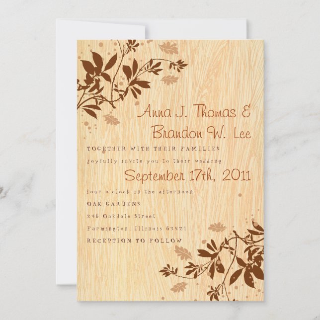 Woodgrain con invitación a matrimonio de hojas (Anverso)